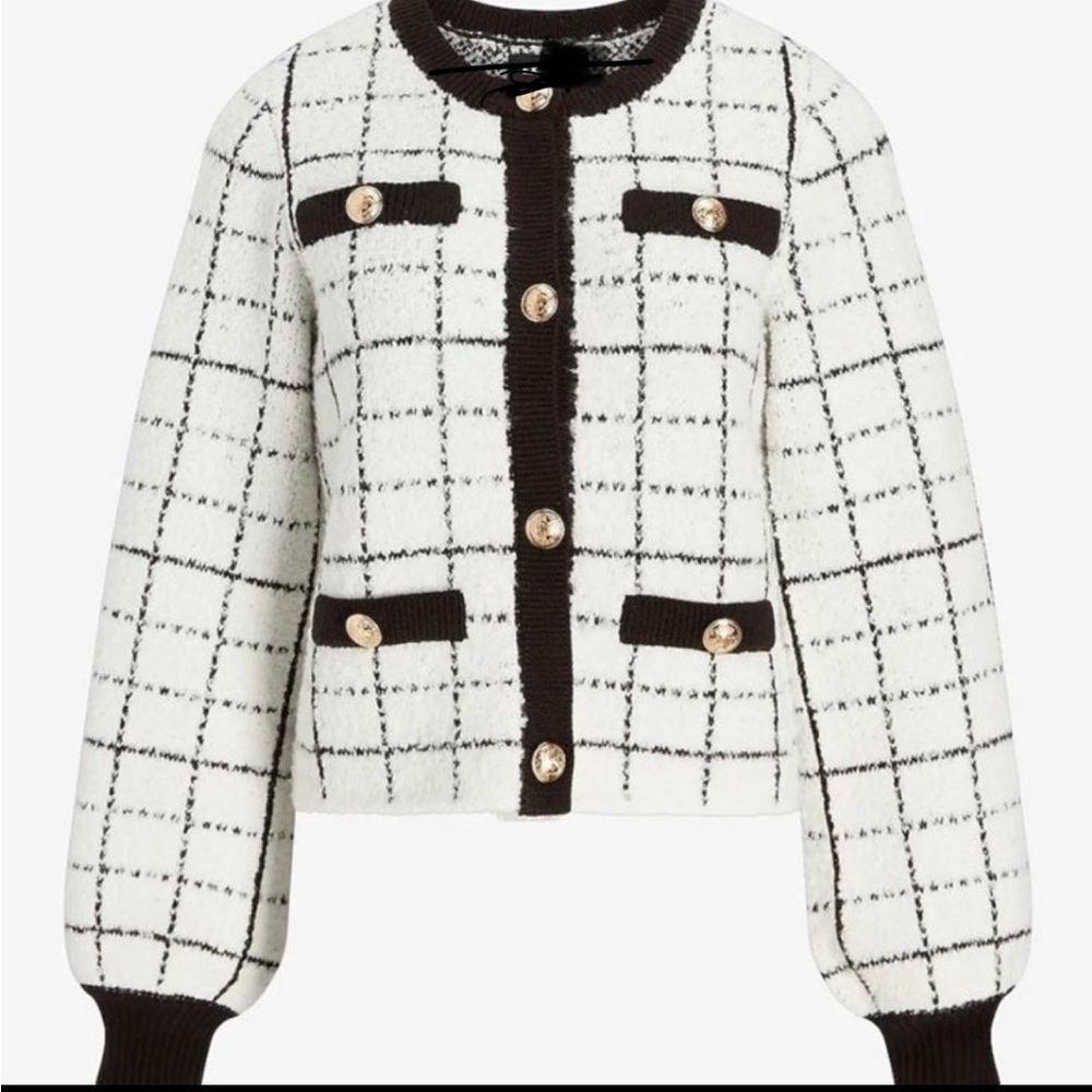 Chic plaid white/black sweater jacket with novelty buttons;same as Express,Med.
